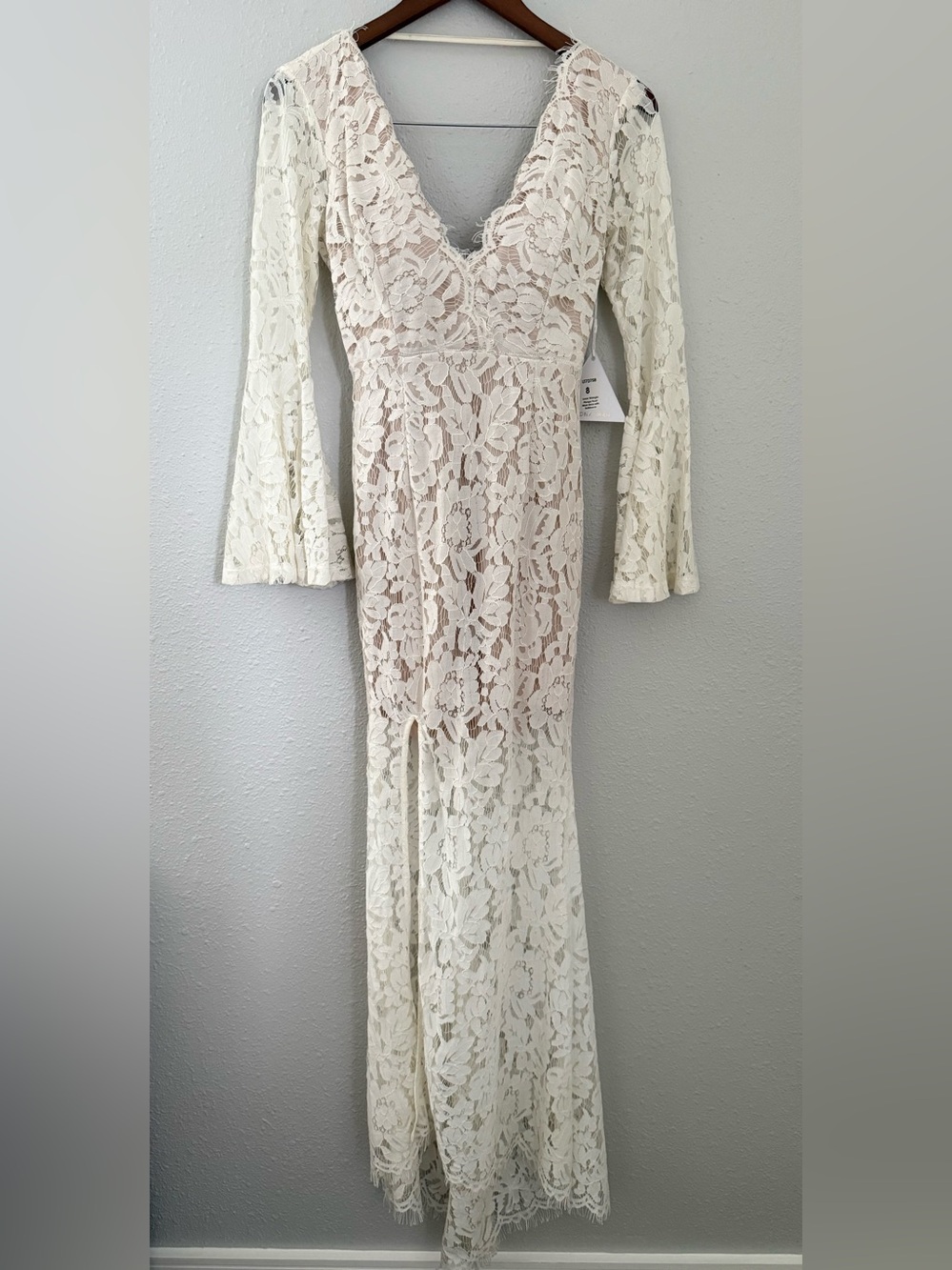Love Triangle Ivory Lace Plunge Front Maxi Dress Bell Sleeve Size 8 NWT